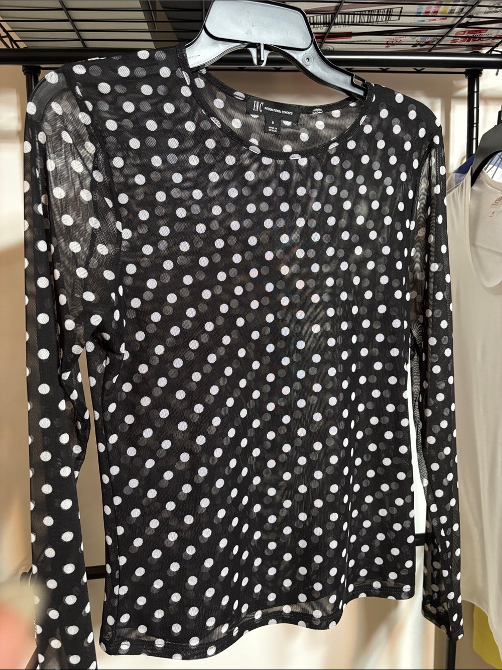 INC International Concepts Black Sheer Polka Dot Long Sleeve Top